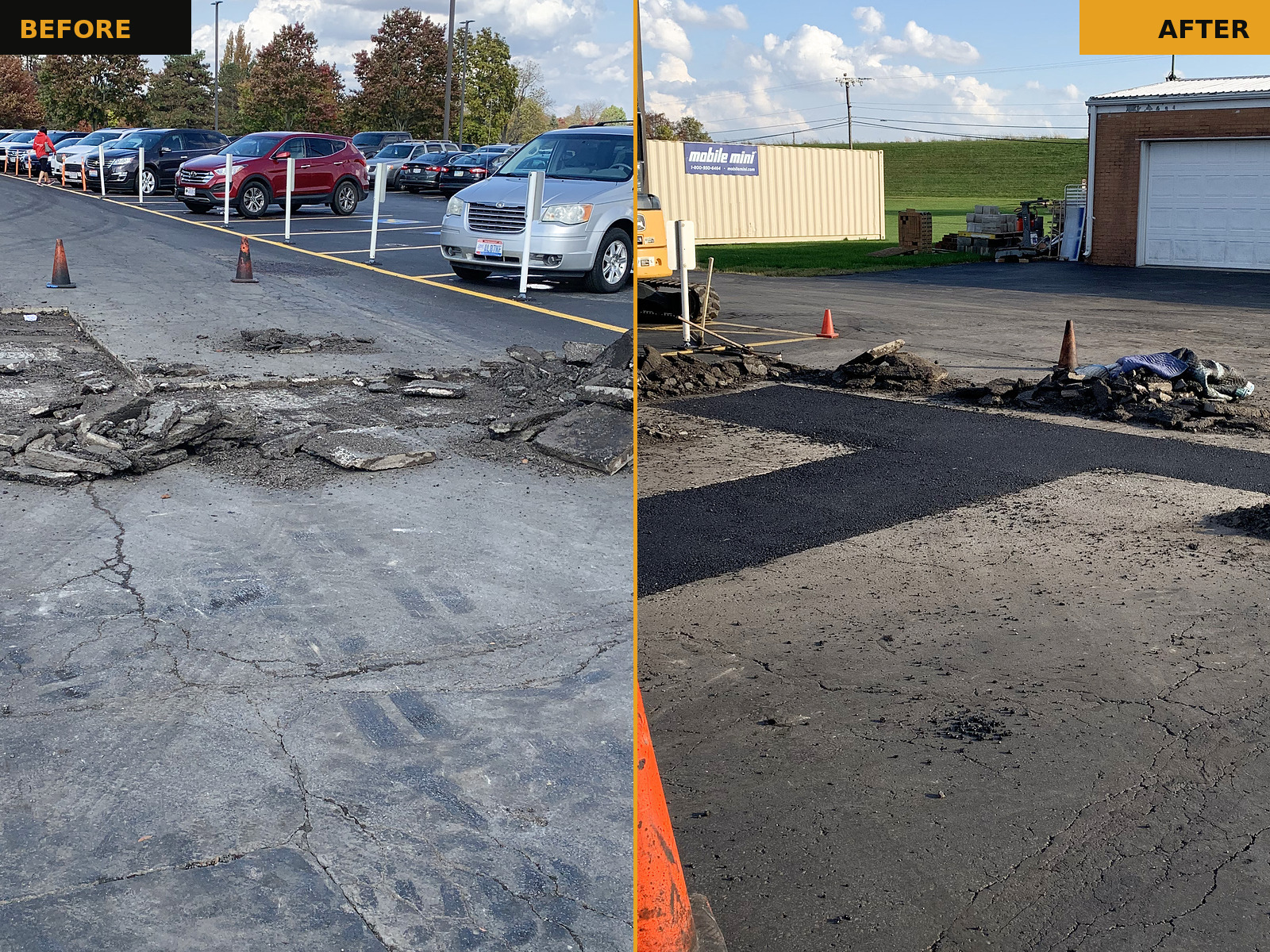 Before and after of an asphalt patch repair, showing broken pavement on the left and freshly patched asphalt on the right