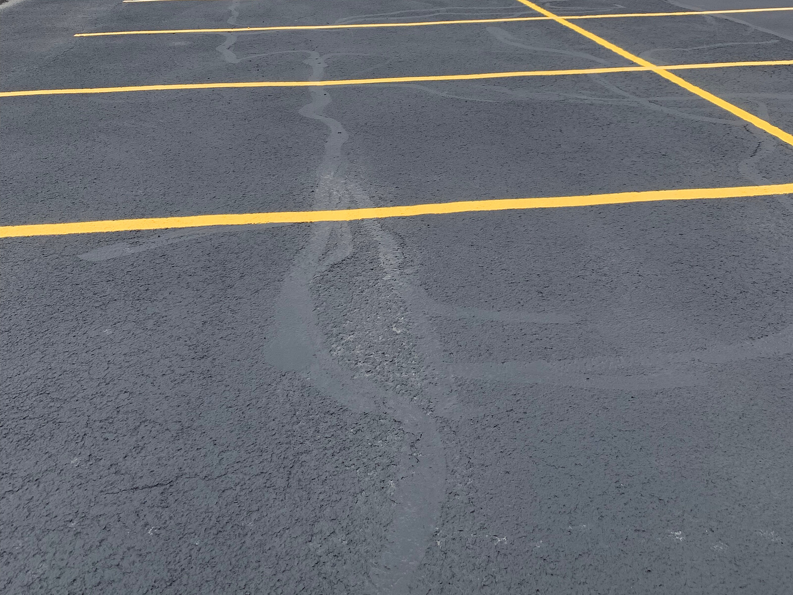 Completed crack filling on a freshly striped commercial parking lot