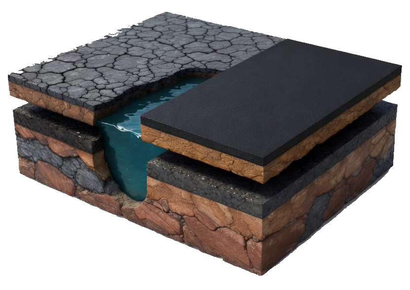 Cross-section showing cracked, unsealed asphalt on the left with water penetrating into the subbase, and a smooth, glossy sealed asphalt slab on the right