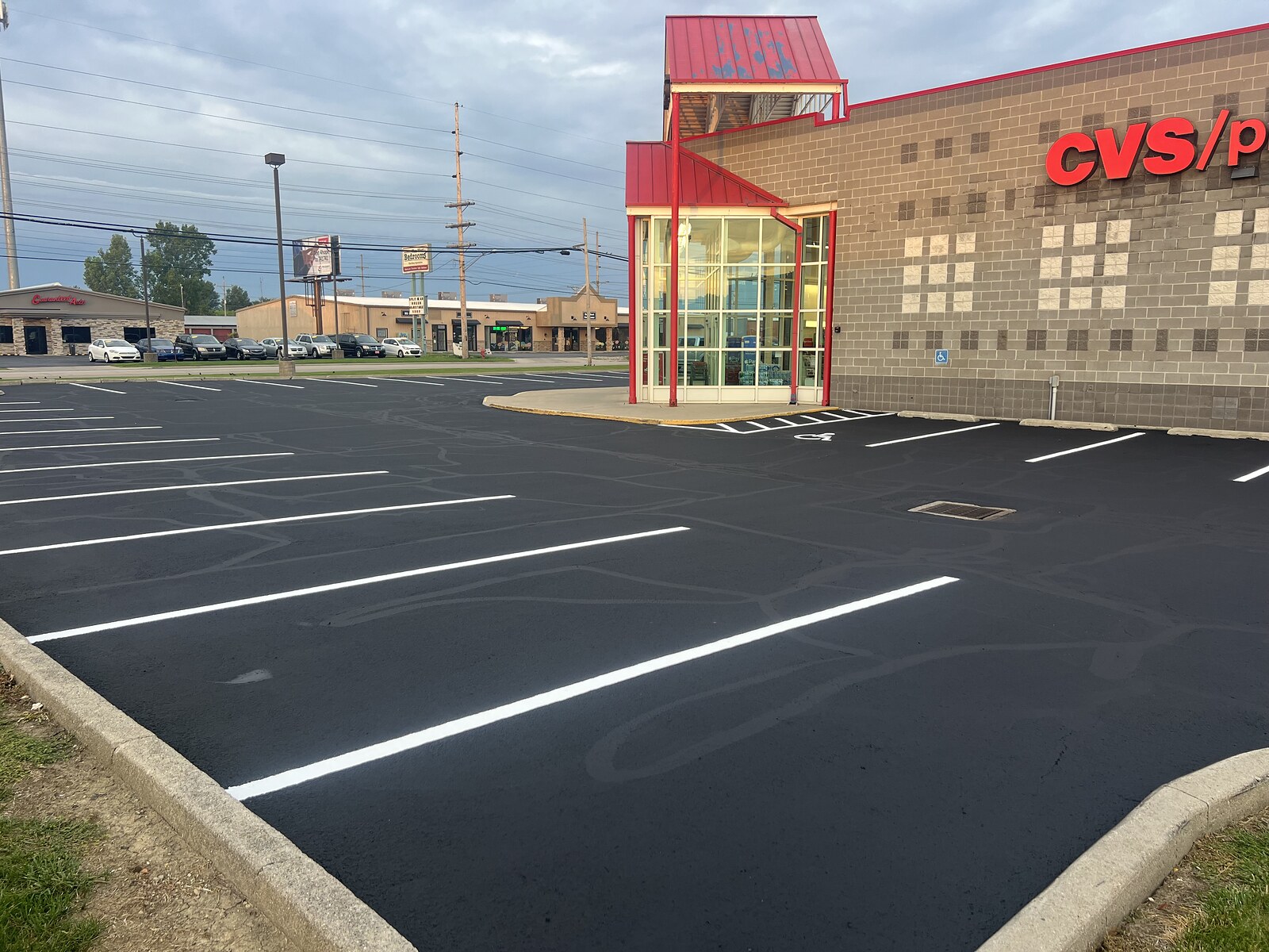 Freshly sealcoated and striped CVS Pharmacy parking lot